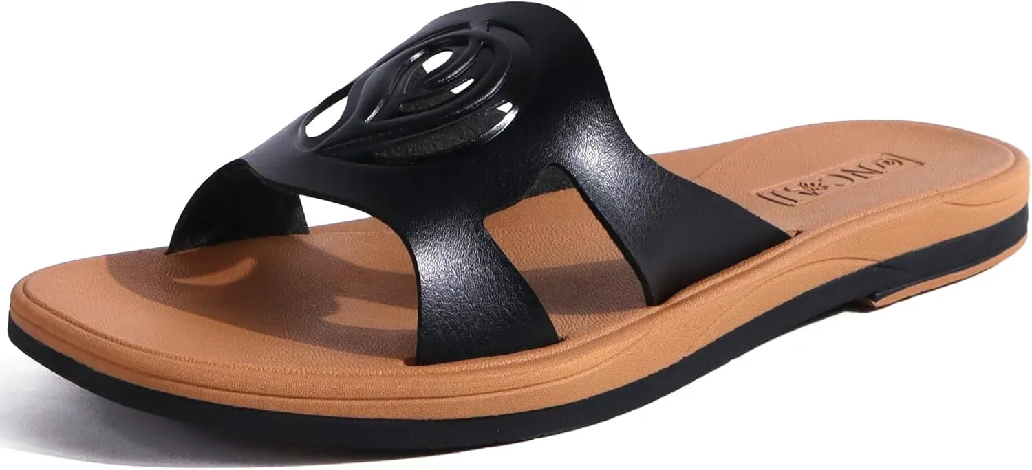 ONCAI Women's Flat Sandals Fashion Square Open Toe Slide Dressy Sandals for Woman Soft Cushion Vegan Comfortable Summer Slip On Casual Walking Outdoor Ladies Sandal Non Slip Rubber Sole Size 6-11 US