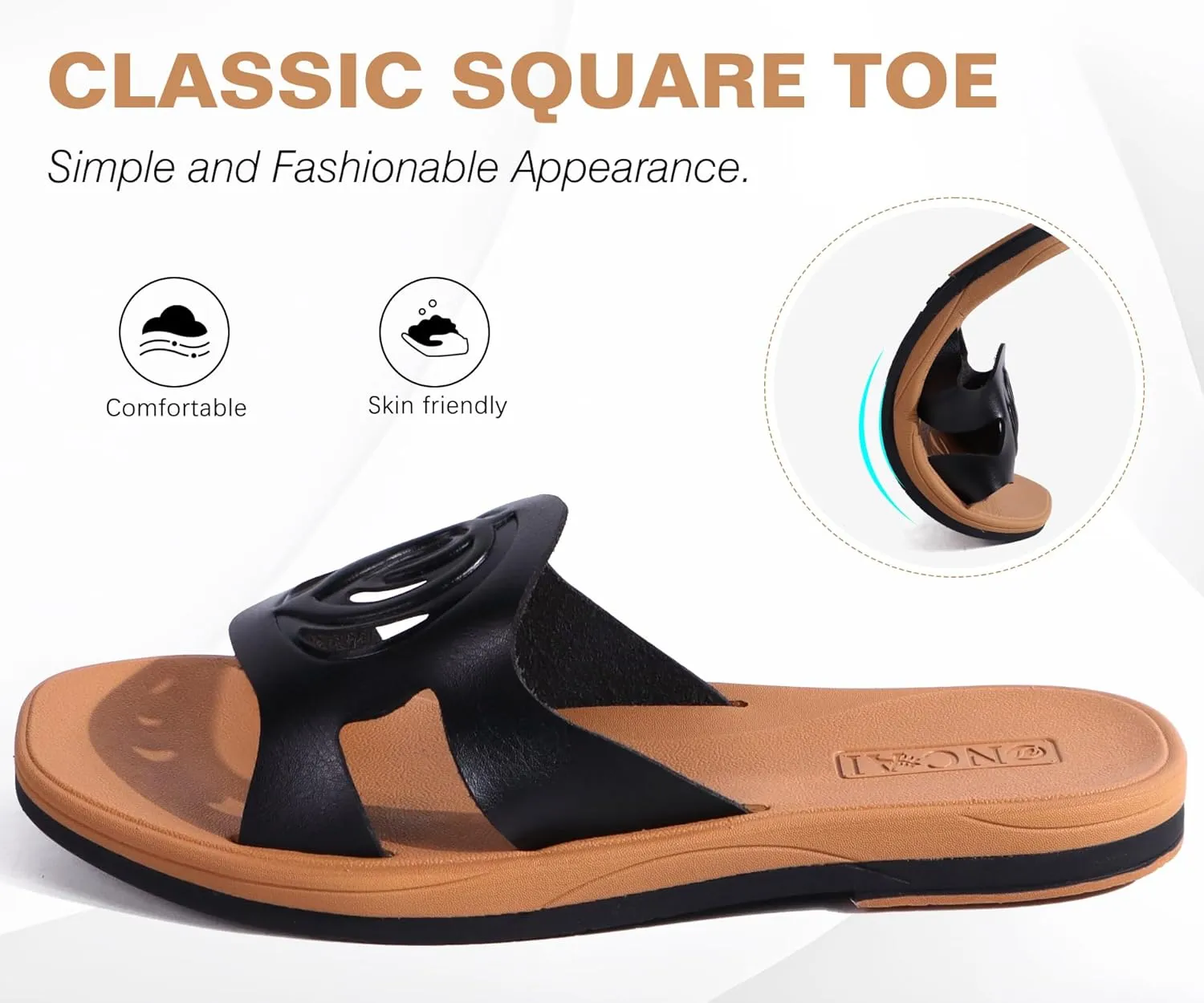 ONCAI Women's Flat Sandals Fashion Square Open Toe Slide Dressy Sandals for Woman Soft Cushion Vegan Comfortable Summer Slip On Casual Walking Outdoor Ladies Sandal Non Slip Rubber Sole Size 6-11 US