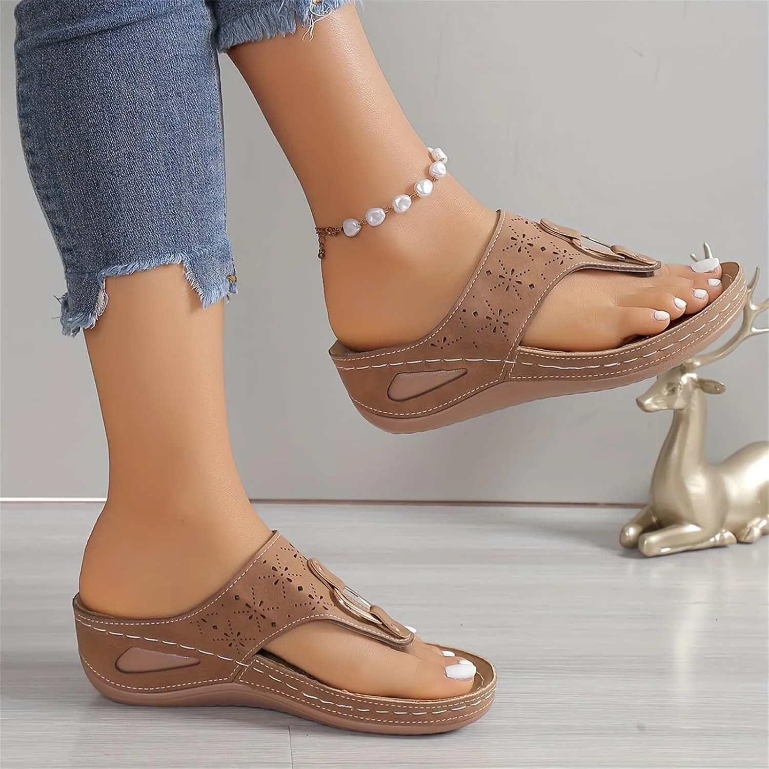 Orthopedic Sandals for Women Comfort Dressy Flip Flops Arch Support T-Stray Beach Walking Summer Hollow Metal Thick-Soled Wedge Heel Flip-Flops Lightweight External Wear Wide Width Slippers