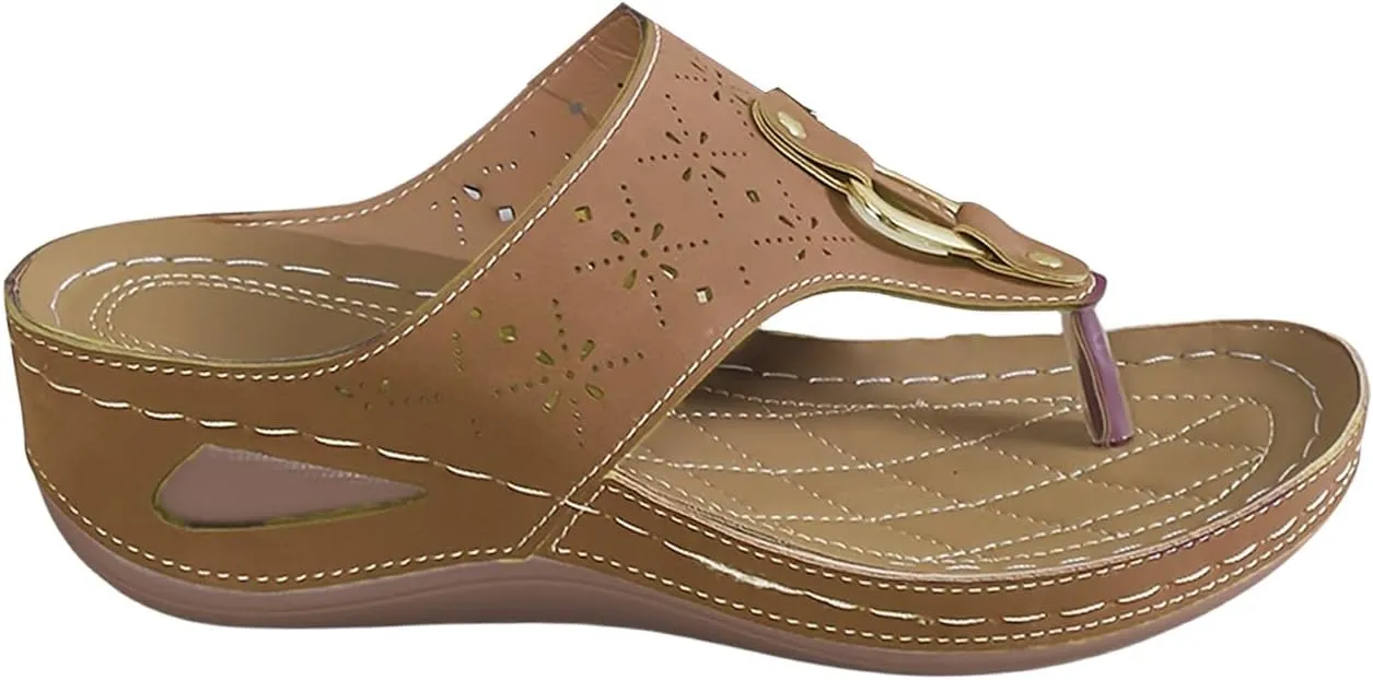 Orthopedic Sandals for Women Comfort Dressy Flip Flops Arch Support T-Stray Beach Walking Summer Hollow Metal Thick-Soled Wedge Heel Flip-Flops Lightweight External Wear Wide Width Slippers