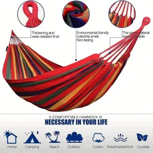 Outdoor Hammock with Tree Straps – 2-Person Cotton Hammock with Anti-Flip Design, Thick Rope Ends & Durable Fabric – Portable for Camping, Beach, Garden, or Backyard (80-250cm)