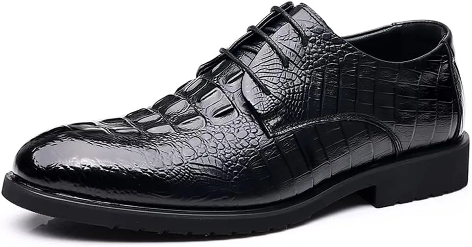 Oxford Dress Shoes for Men Lace Up Crocodile Embossed Faux Leather Derby Shoes Anti-Slip Rubber Sole Non Slip Low Top Party