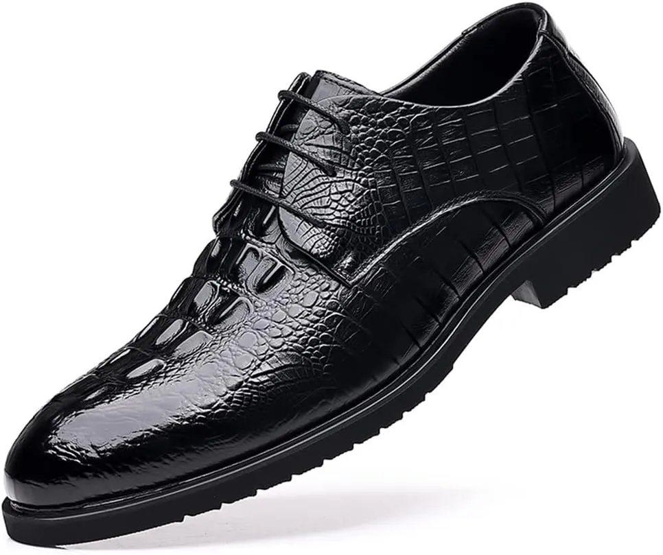 Oxford Dress Shoes for Men Lace Up Crocodile Embossed Faux Leather Derby Shoes Anti-Slip Rubber Sole Non Slip Low Top Party