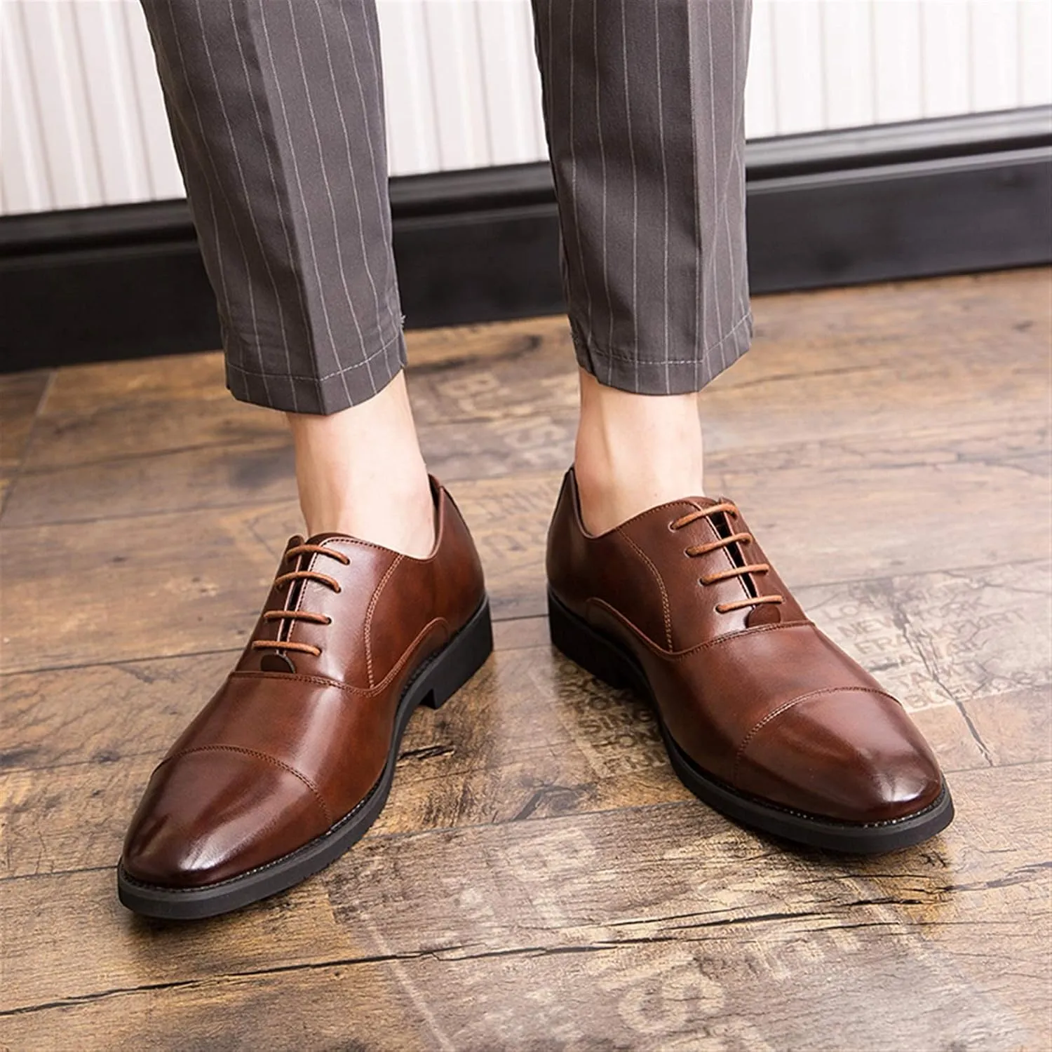 Oxfords Dress Derby Shoes for Men Plain Round Cap Toe Plain 4-Eye Lace Up Block Heel Synthetic Leather Rubber Sole Non-Slip