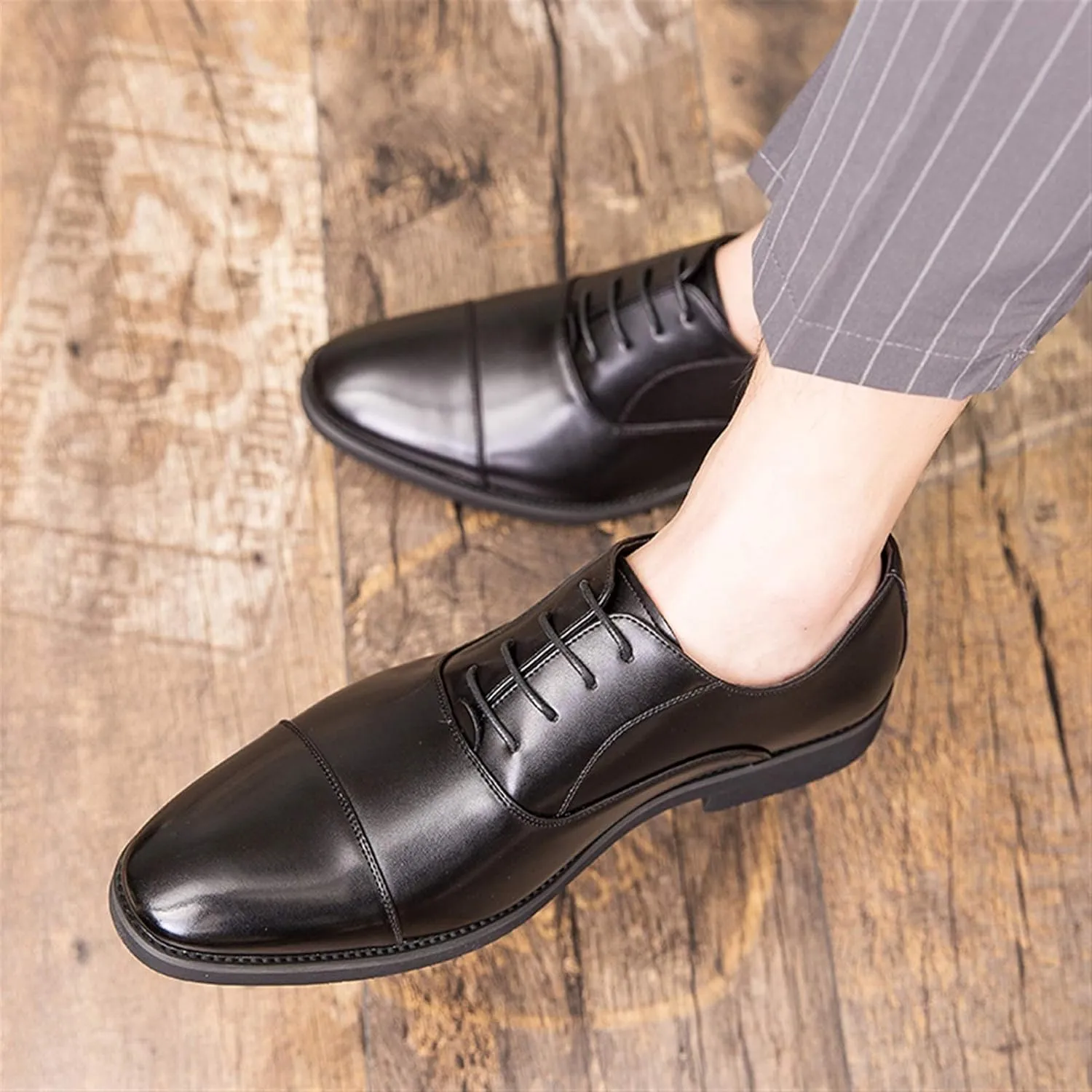 Oxfords Dress Derby Shoes for Men Plain Round Cap Toe Plain 4-Eye Lace Up Block Heel Synthetic Leather Rubber Sole Non-Slip