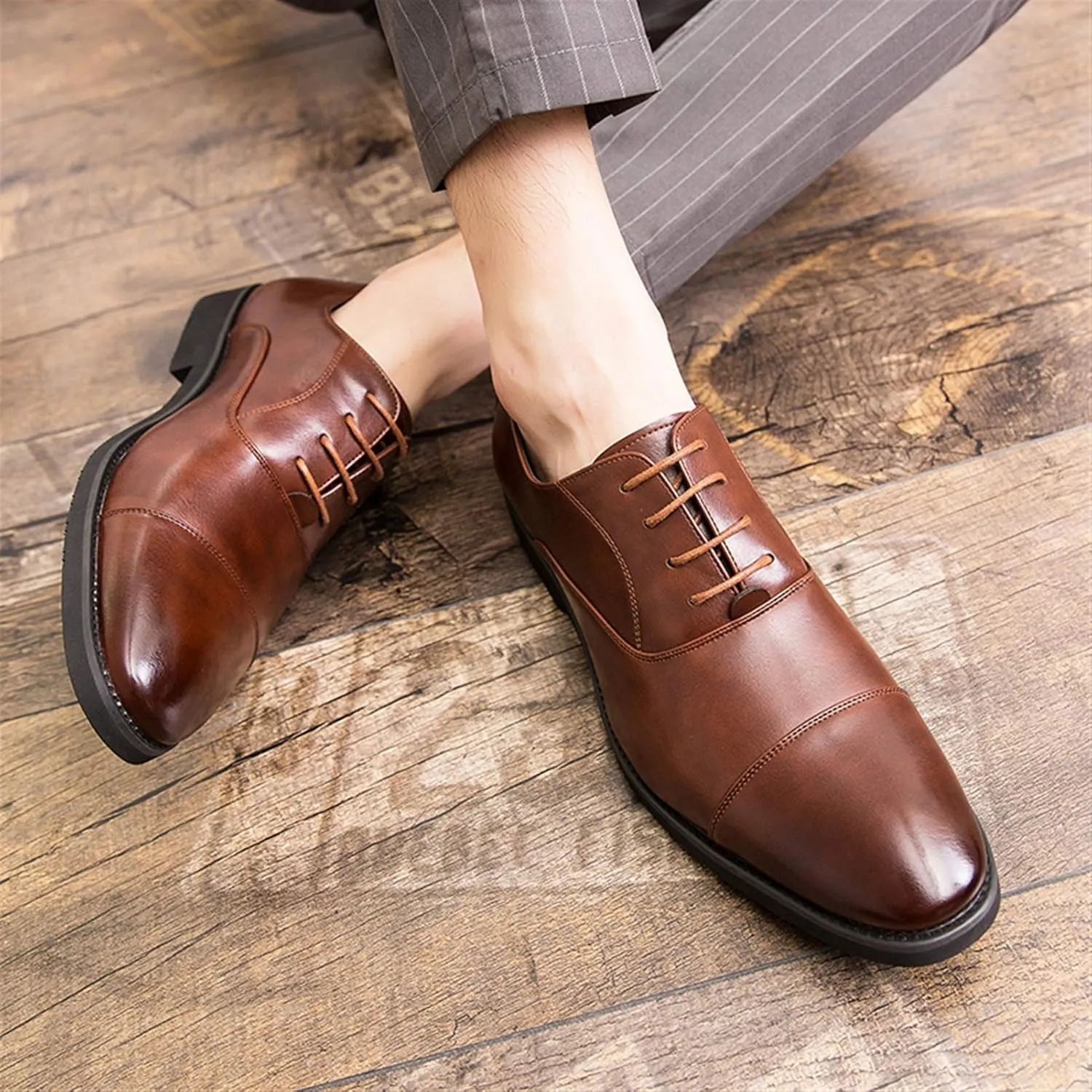 Oxfords Dress Derby Shoes for Men Plain Round Cap Toe Plain 4-Eye Lace Up Block Heel Synthetic Leather Rubber Sole Non-Slip