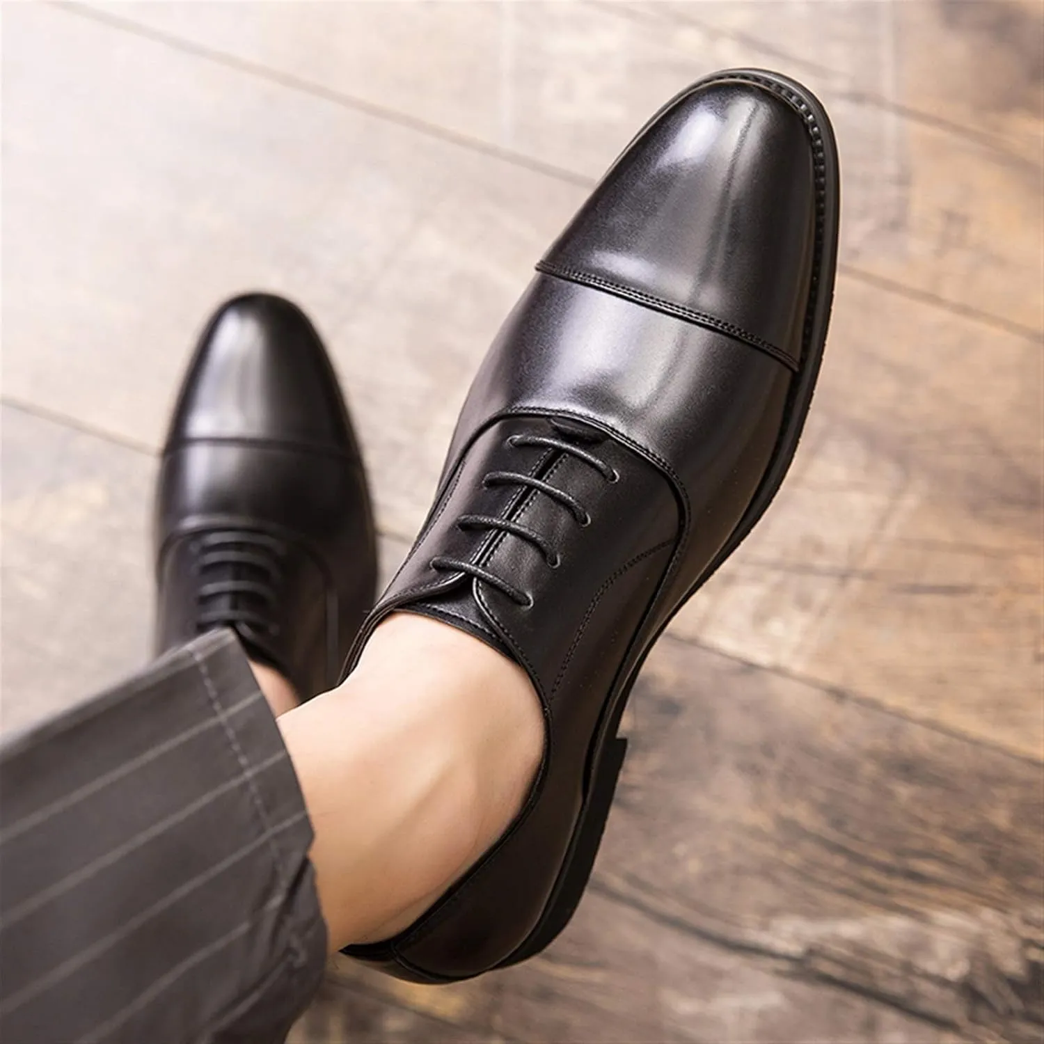 Oxfords Dress Derby Shoes for Men Plain Round Cap Toe Plain 4-Eye Lace Up Block Heel Synthetic Leather Rubber Sole Non-Slip