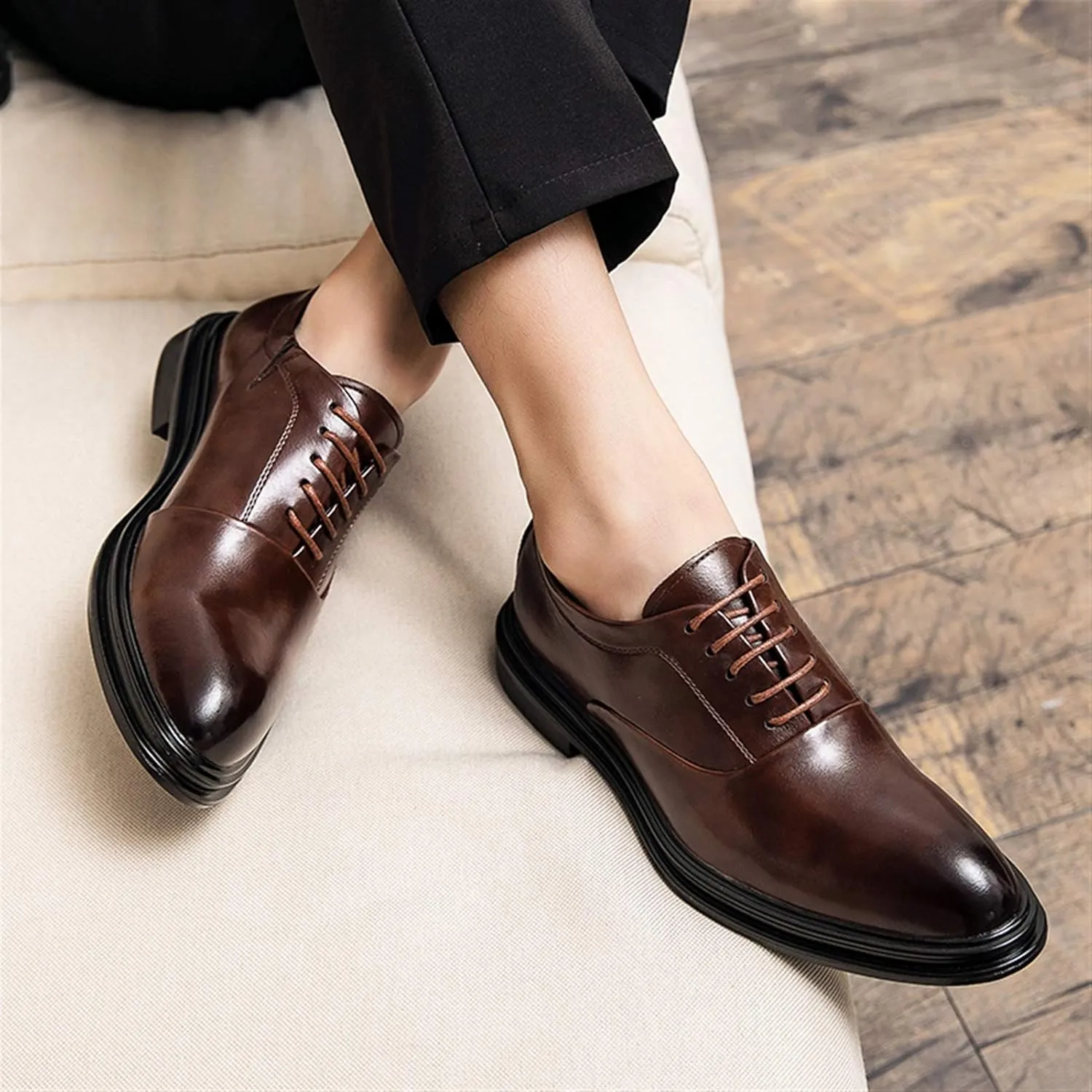 Oxfords Dress Derby Shoes for Men Round Burnish Toe 5-Eye Lace Up Thick Block Heel Faux Leather Synthetic Leather Non-Slip