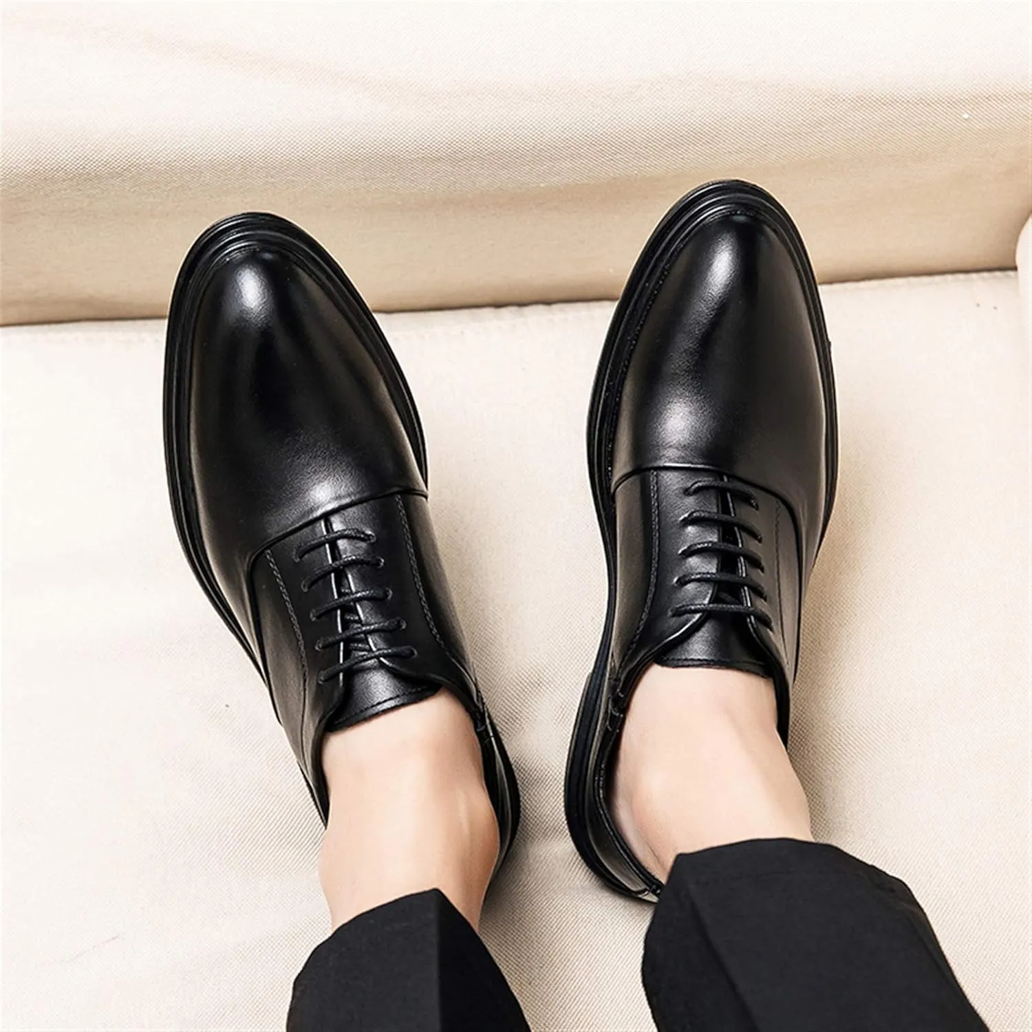 Oxfords Dress Derby Shoes for Men Round Burnish Toe 5-Eye Lace Up Thick Block Heel Faux Leather Synthetic Leather Non-Slip