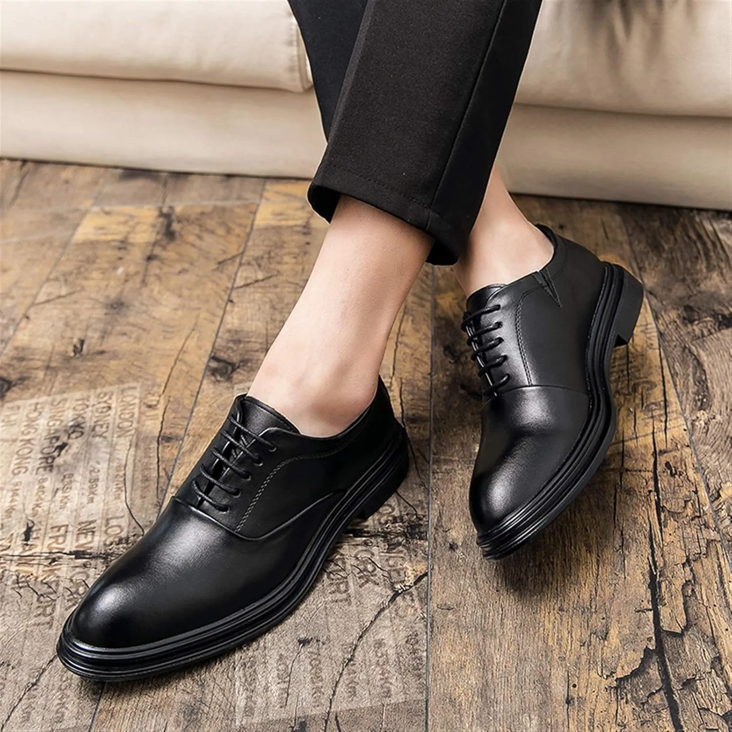 Oxfords Dress Derby Shoes for Men Round Burnish Toe 5-Eye Lace Up Thick Block Heel Faux Leather Synthetic Leather Non-Slip