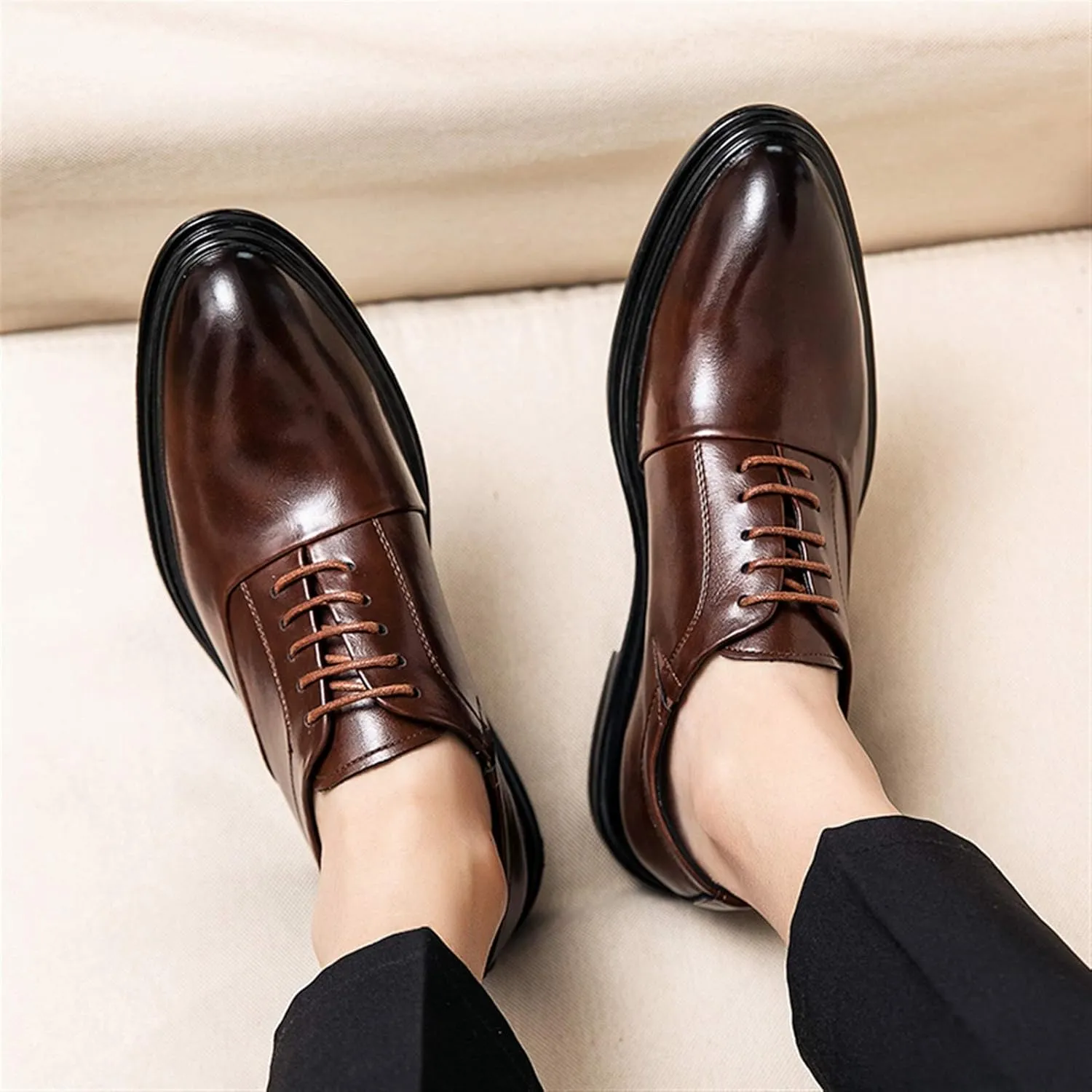Oxfords Dress Derby Shoes for Men Round Burnish Toe 5-Eye Lace Up Thick Block Heel Faux Leather Synthetic Leather Non-Slip