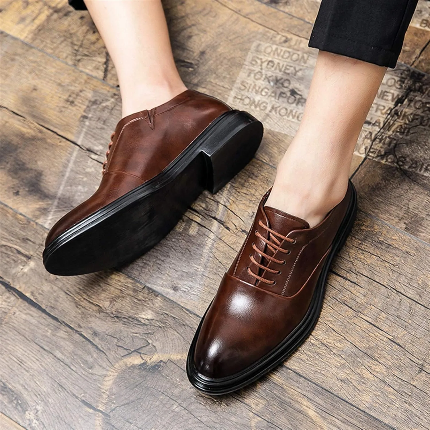 Oxfords Dress Derby Shoes for Men Round Burnish Toe 5-Eye Lace Up Thick Block Heel Faux Leather Synthetic Leather Non-Slip
