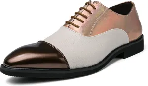 Oxfords Dress Derby Shoes for Men Round Cap Toe Color Matching Patchwork 5-Eye Lace Up Block Heel Synthetic Leather Rubber Sole Non-Slip