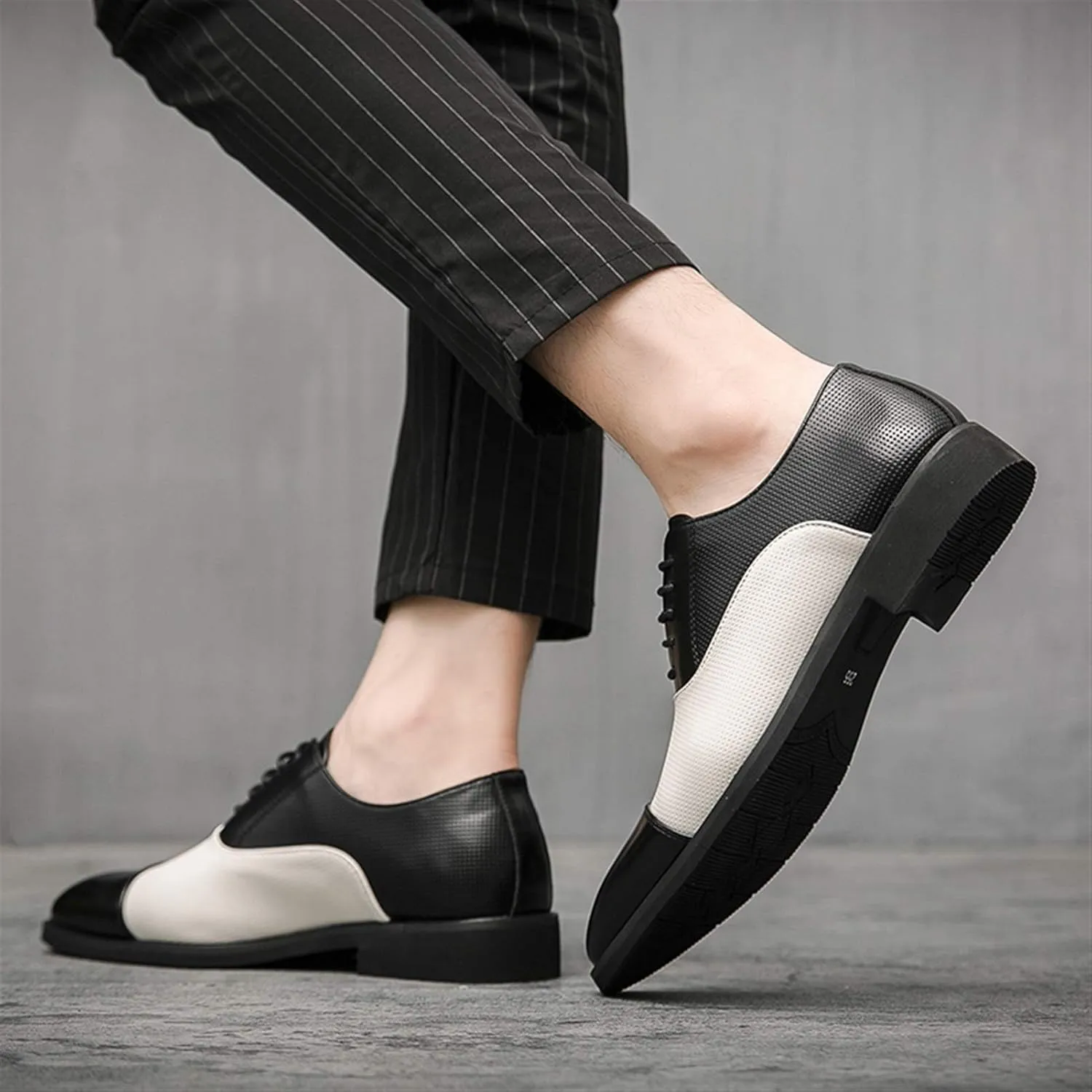 Oxfords Dress Derby Shoes for Men Round Cap Toe Color Matching Patchwork 5-Eye Lace Up Block Heel Synthetic Leather Rubber Sole Non-Slip