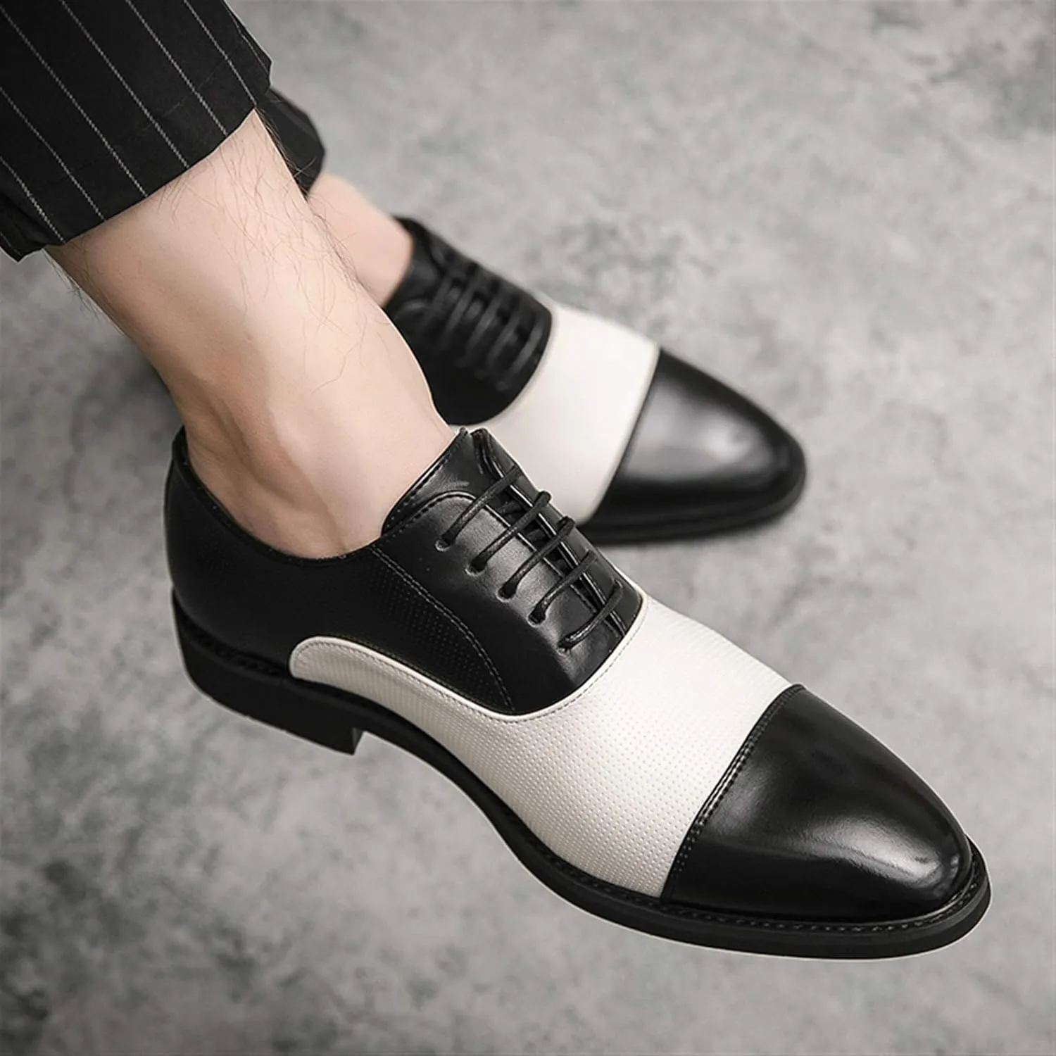 Oxfords Dress Derby Shoes for Men Round Cap Toe Color Matching Patchwork 5-Eye Lace Up Block Heel Synthetic Leather Rubber Sole Non-Slip