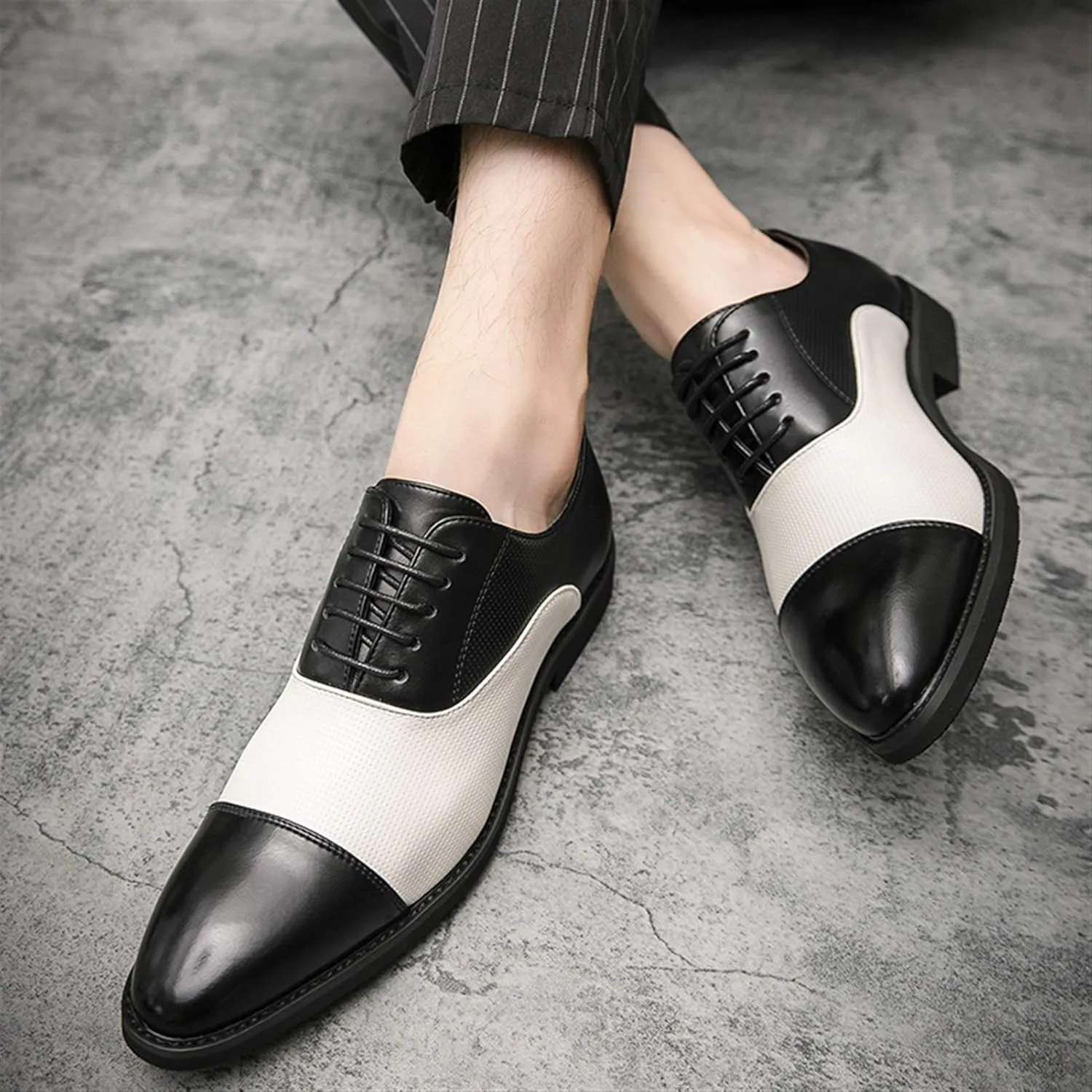 Oxfords Dress Derby Shoes for Men Round Cap Toe Color Matching Patchwork 5-Eye Lace Up Block Heel Synthetic Leather Rubber Sole Non-Slip