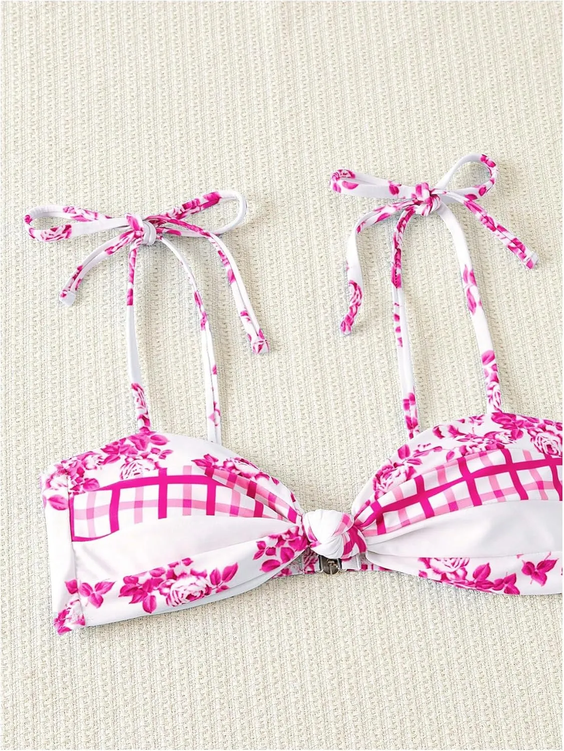 OYOANGLE Women's Floral Plaid Bikini Sets Tie Shoulder Twist Front High Cut Low Rise 2 Piece Swimsuit