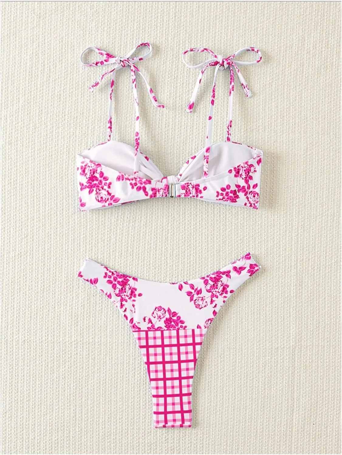 OYOANGLE Women's Floral Plaid Bikini Sets Tie Shoulder Twist Front High Cut Low Rise 2 Piece Swimsuit