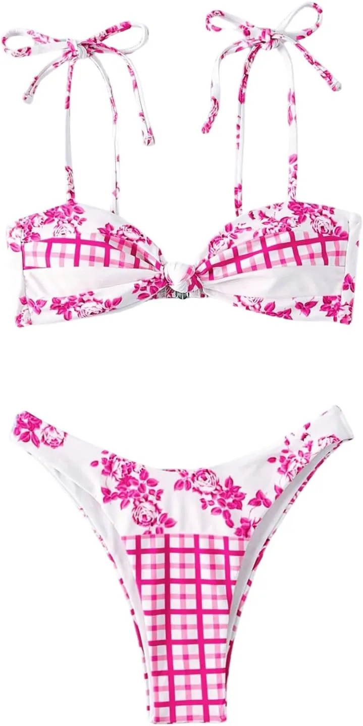 OYOANGLE Women's Floral Plaid Bikini Sets Tie Shoulder Twist Front High Cut Low Rise 2 Piece Swimsuit