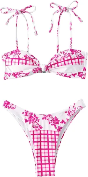 OYOANGLE Women's Floral Plaid Bikini Sets Tie Shoulder Twist Front High Cut Low Rise 2 Piece Swimsuit