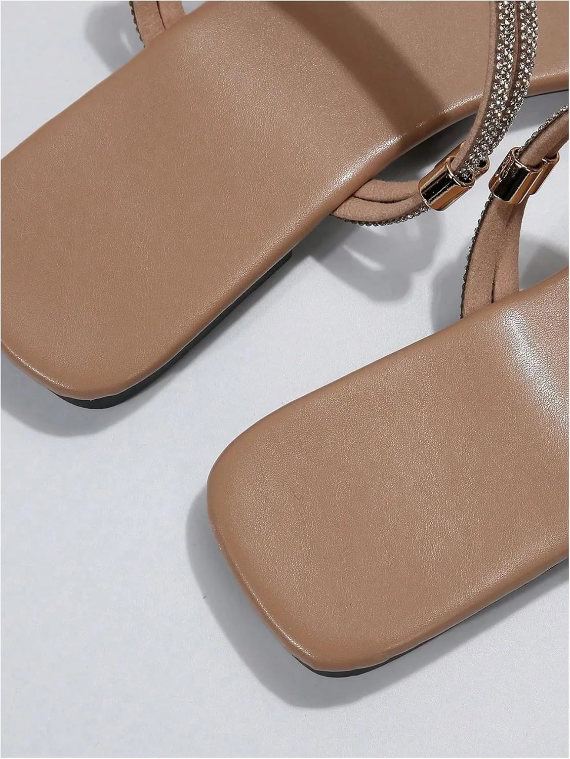 OYOANGLE Women's Rhinestone Flat Sandals Strappy Slip on Open Toe Slide Sandals Squared Slippers