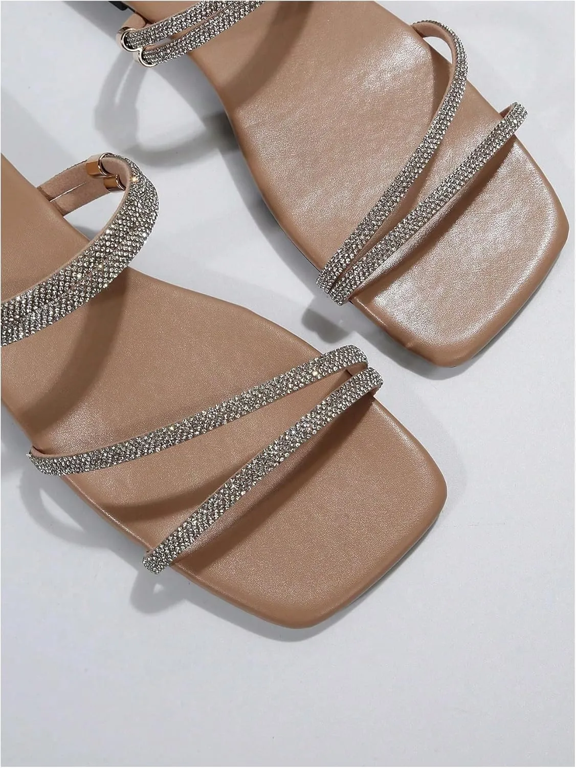 OYOANGLE Women's Rhinestone Flat Sandals Strappy Slip on Open Toe Slide Sandals Squared Slippers