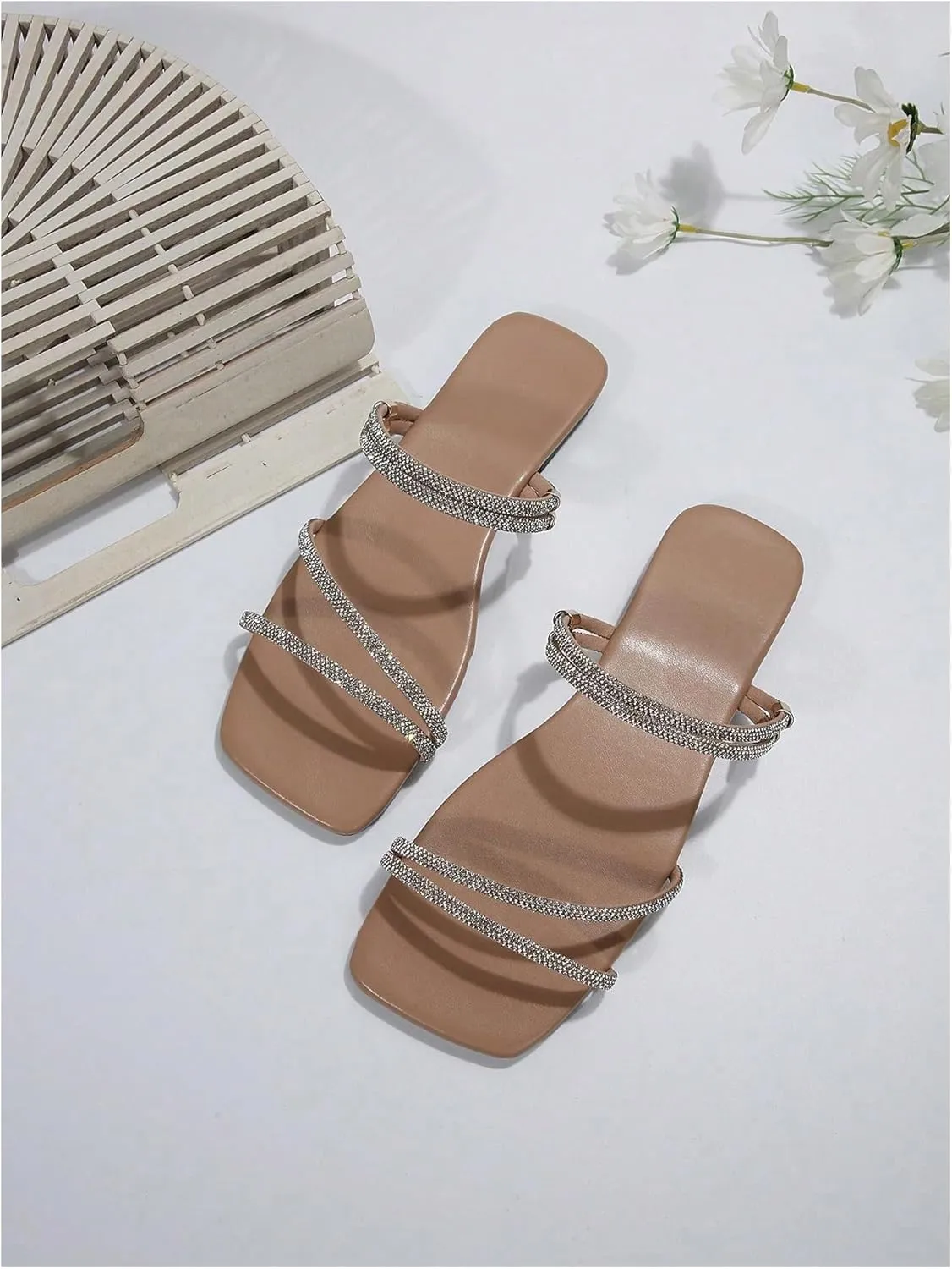 OYOANGLE Women's Rhinestone Flat Sandals Strappy Slip on Open Toe Slide Sandals Squared Slippers
