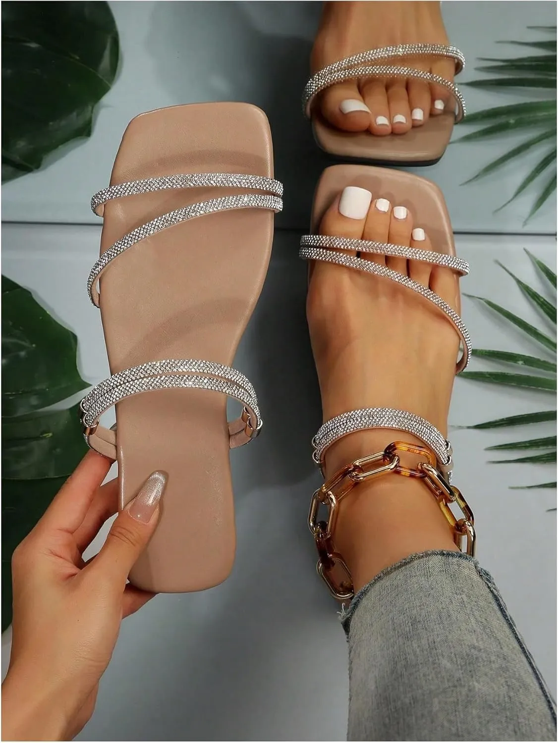 OYOANGLE Women's Rhinestone Flat Sandals Strappy Slip on Open Toe Slide Sandals Squared Slippers