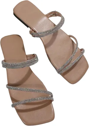 OYOANGLE Women's Rhinestone Flat Sandals Strappy Slip on Open Toe Slide Sandals Squared Slippers