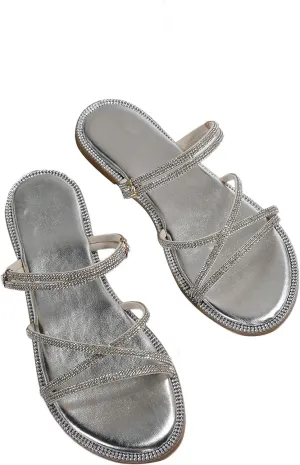 OYOANGLE Women's Rhinestone Strappy Open Toe Slide Sandals Slip on Casual Flat Sandals