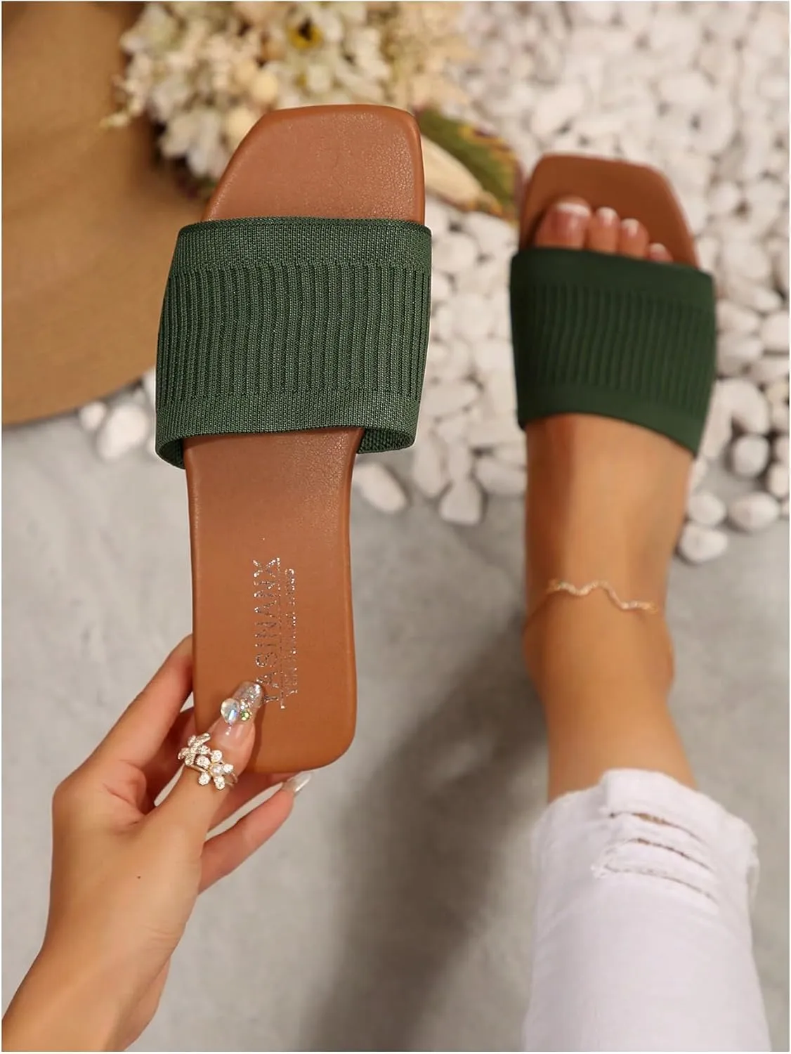 OYOANGLE Women's Single Band Square Open Toe Slide Sandals Summer Slip on Flat Sandals