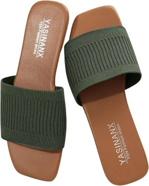OYOANGLE Women's Single Band Square Open Toe Slide Sandals Summer Slip on Flat Sandals