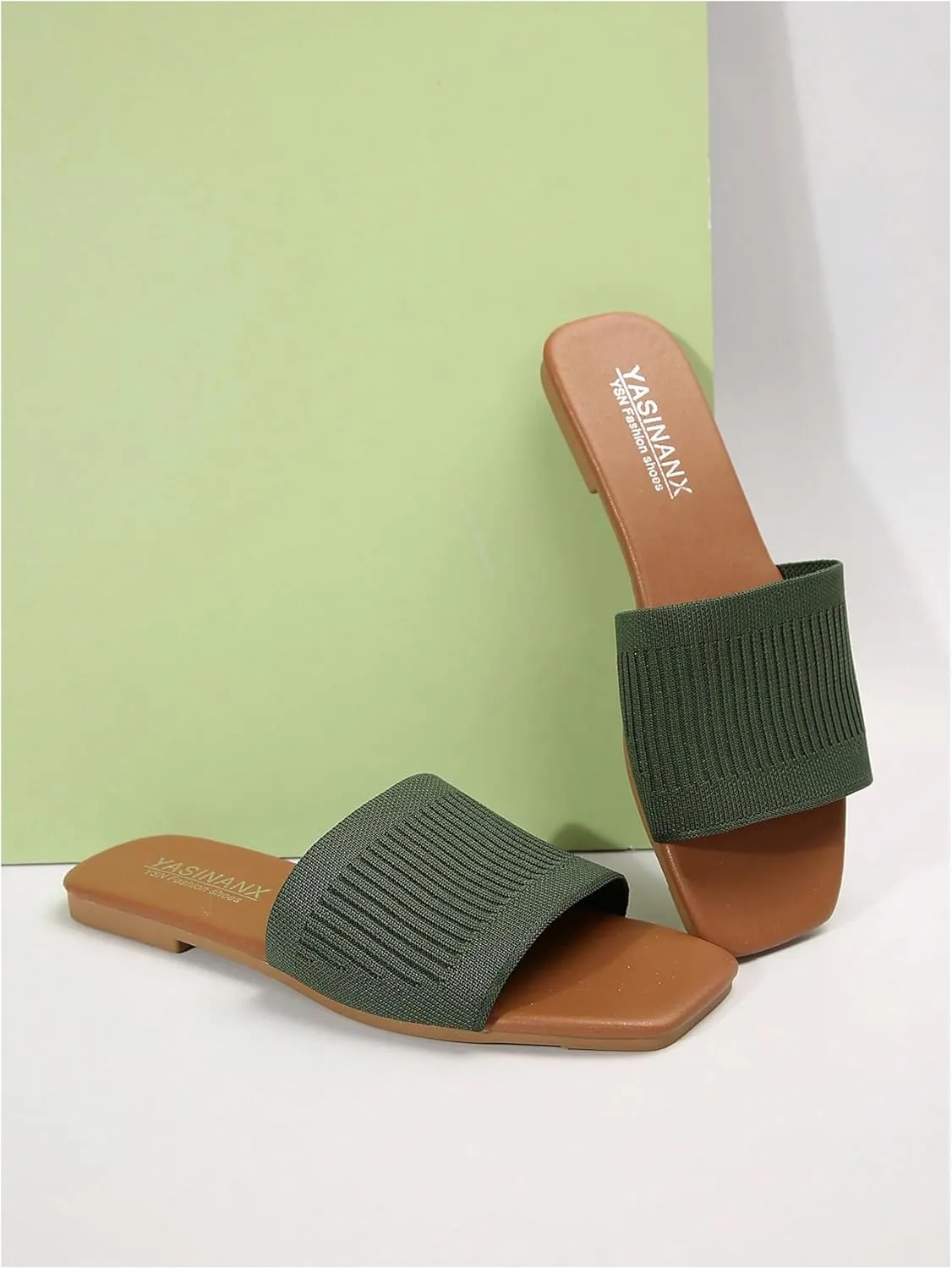OYOANGLE Women's Single Band Square Open Toe Slide Sandals Summer Slip on Flat Sandals