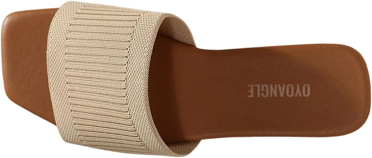OYOANGLE Women's Single Band Square Open Toe Slide Sandals Summer Slip on Flat Sandals