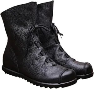 pearlzone Women’s Genuine Leather Casual Soft Flat Boots,Renaissance Natural Leather Handmade Historical Shoes