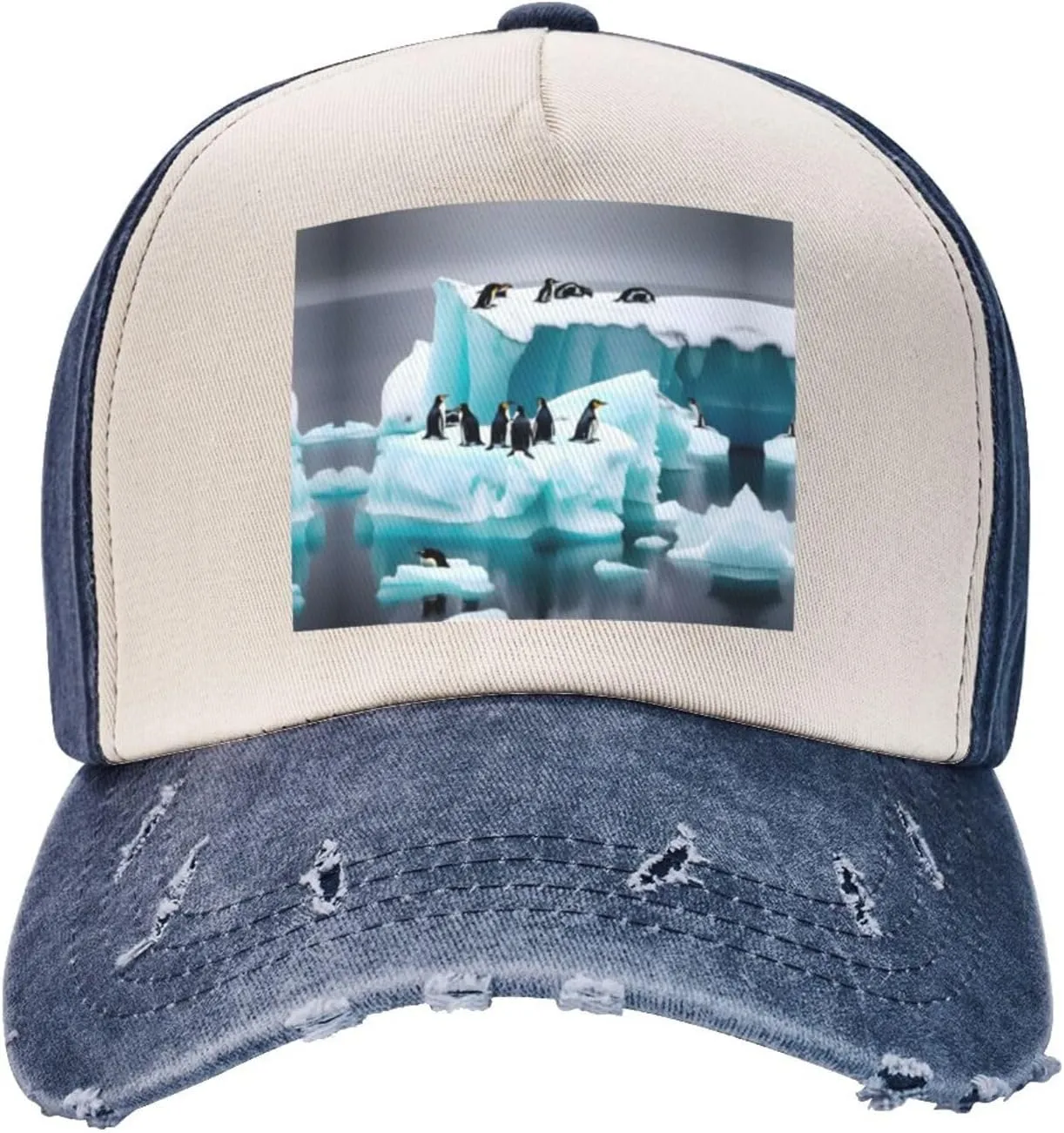 Penguins On The Iceberg Print Golf Flat Snapback Hat,Hip Hop Style Flat Bill,Personalized Adjustable Summer Sun Hat Unisex