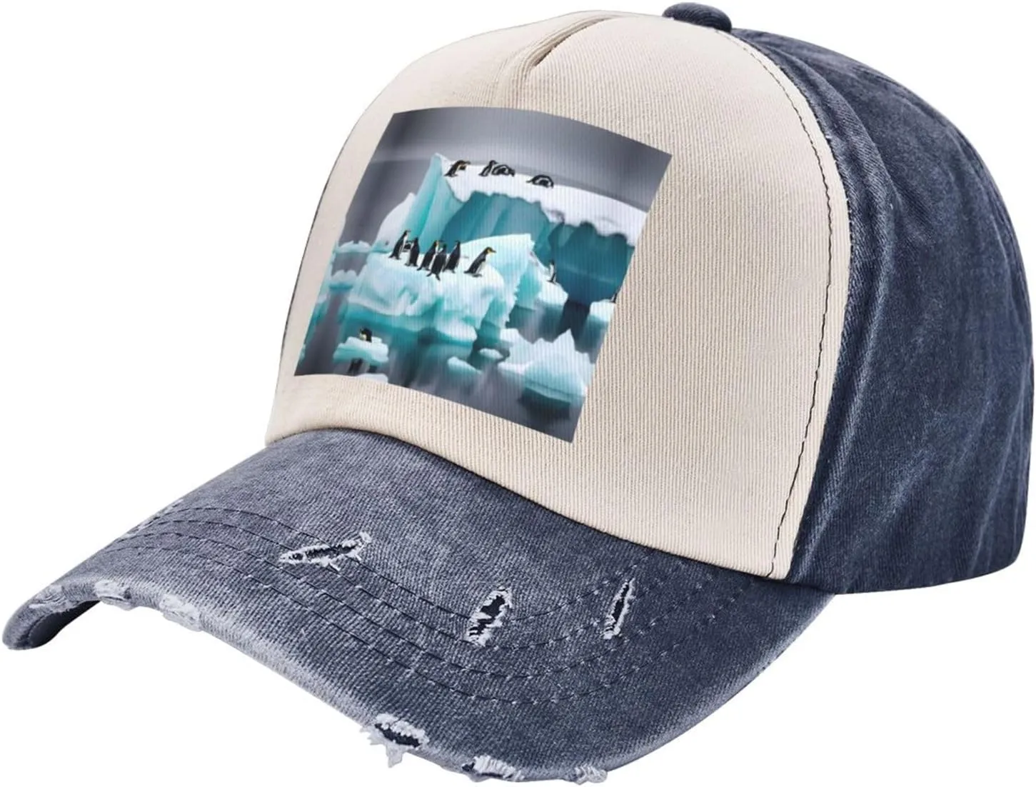Penguins On The Iceberg Print Golf Flat Snapback Hat,Hip Hop Style Flat Bill,Personalized Adjustable Summer Sun Hat Unisex