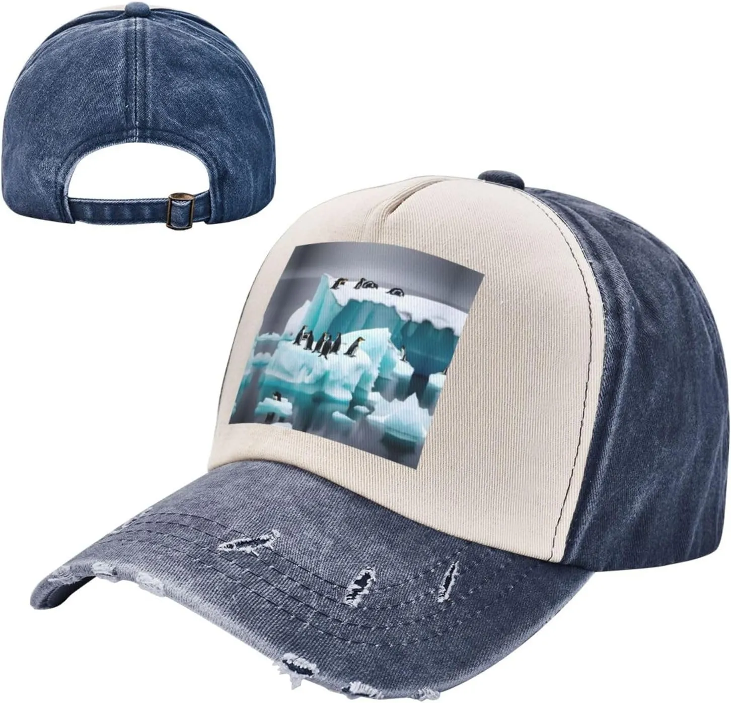 Penguins On The Iceberg Print Golf Flat Snapback Hat,Hip Hop Style Flat Bill,Personalized Adjustable Summer Sun Hat Unisex