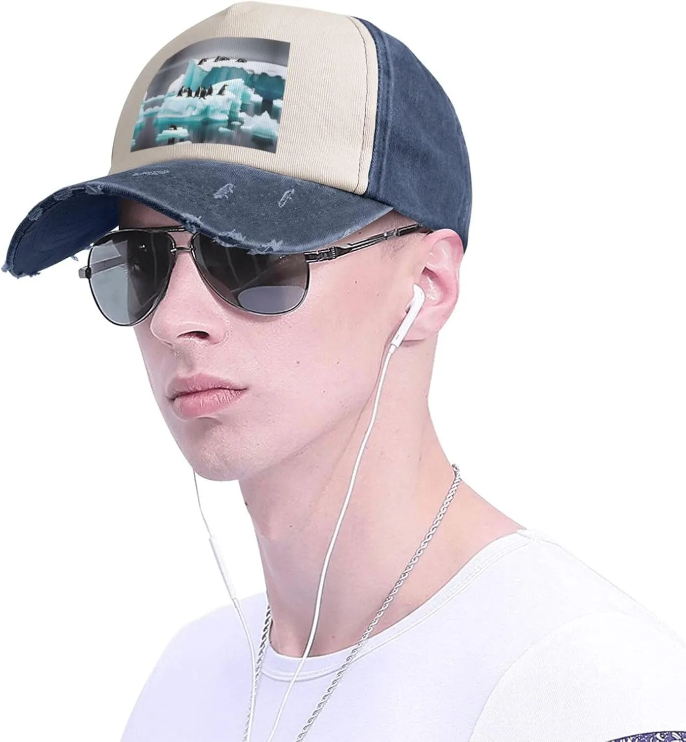Penguins On The Iceberg Print Golf Flat Snapback Hat,Hip Hop Style Flat Bill,Personalized Adjustable Summer Sun Hat Unisex