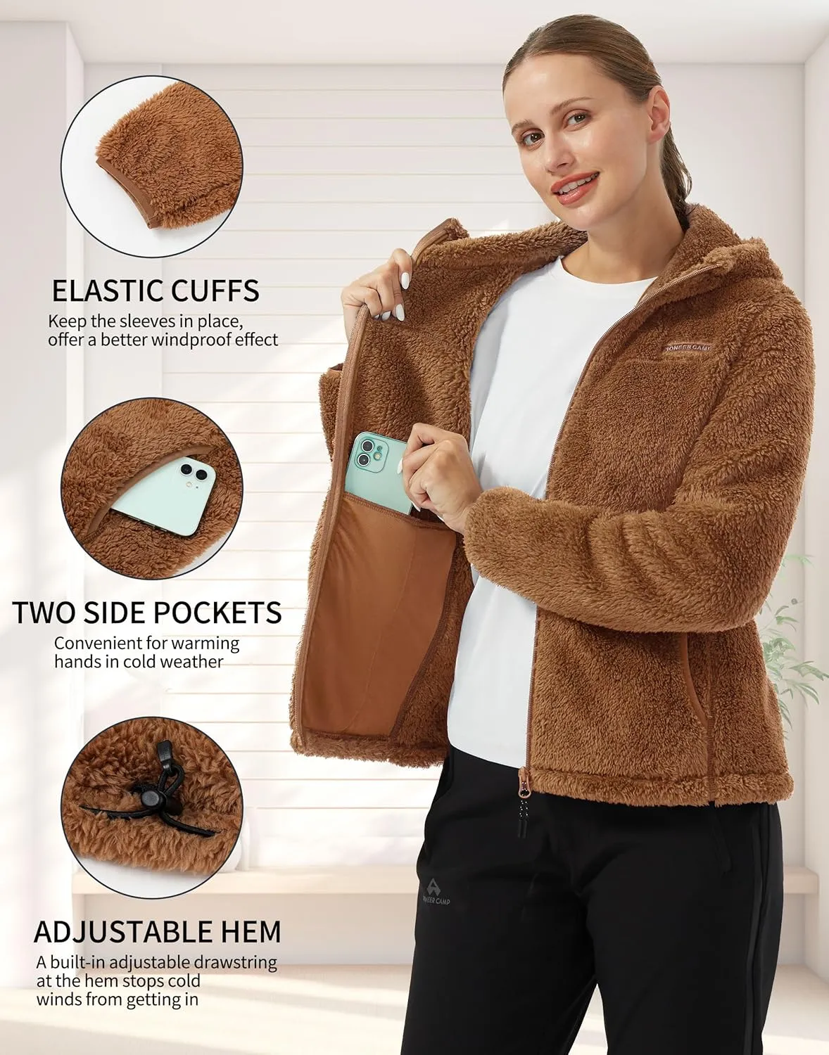 Pioneer Camp Women's Fuzzy Fleece Jacket Full Zip Up Lightweight Warm Soft Fleece Coat with hood for Spring Fall Winter