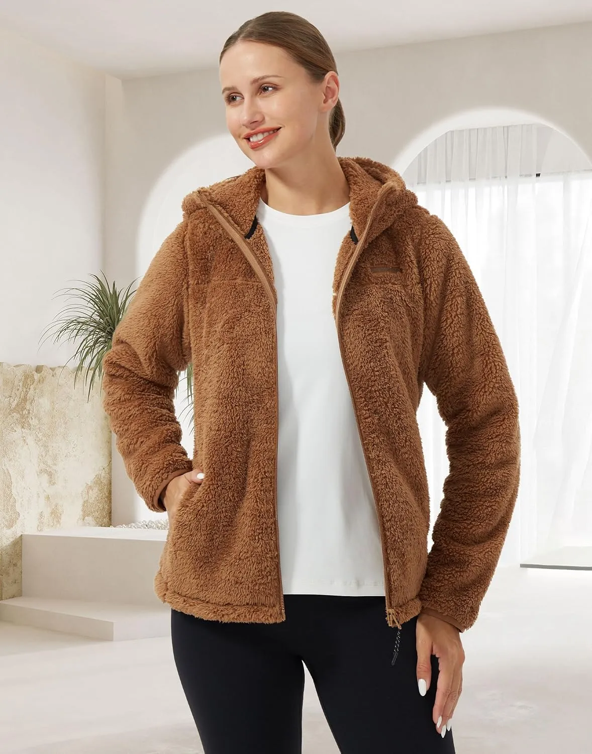 Pioneer Camp Women's Fuzzy Fleece Jacket Full Zip Up Lightweight Warm Soft Fleece Coat with hood for Spring Fall Winter