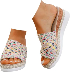 Platform Sandals Women Espadrille Slip on Wedge Sandals Color Block Open Toe Comfortable Stylish Casual Summer Shoes