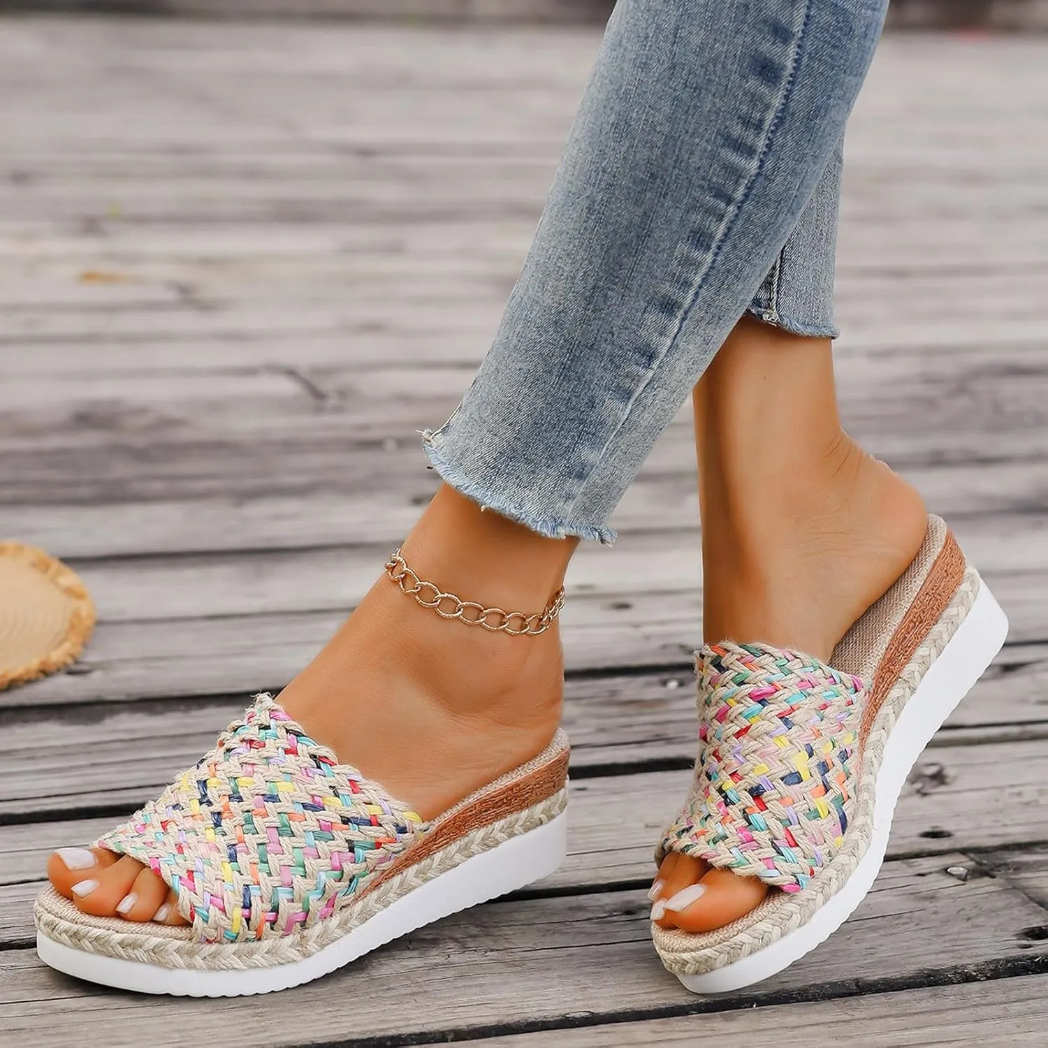 Platform Sandals Women Espadrille Slip on Wedge Sandals Color Block Open Toe Comfortable Stylish Casual Summer Shoes