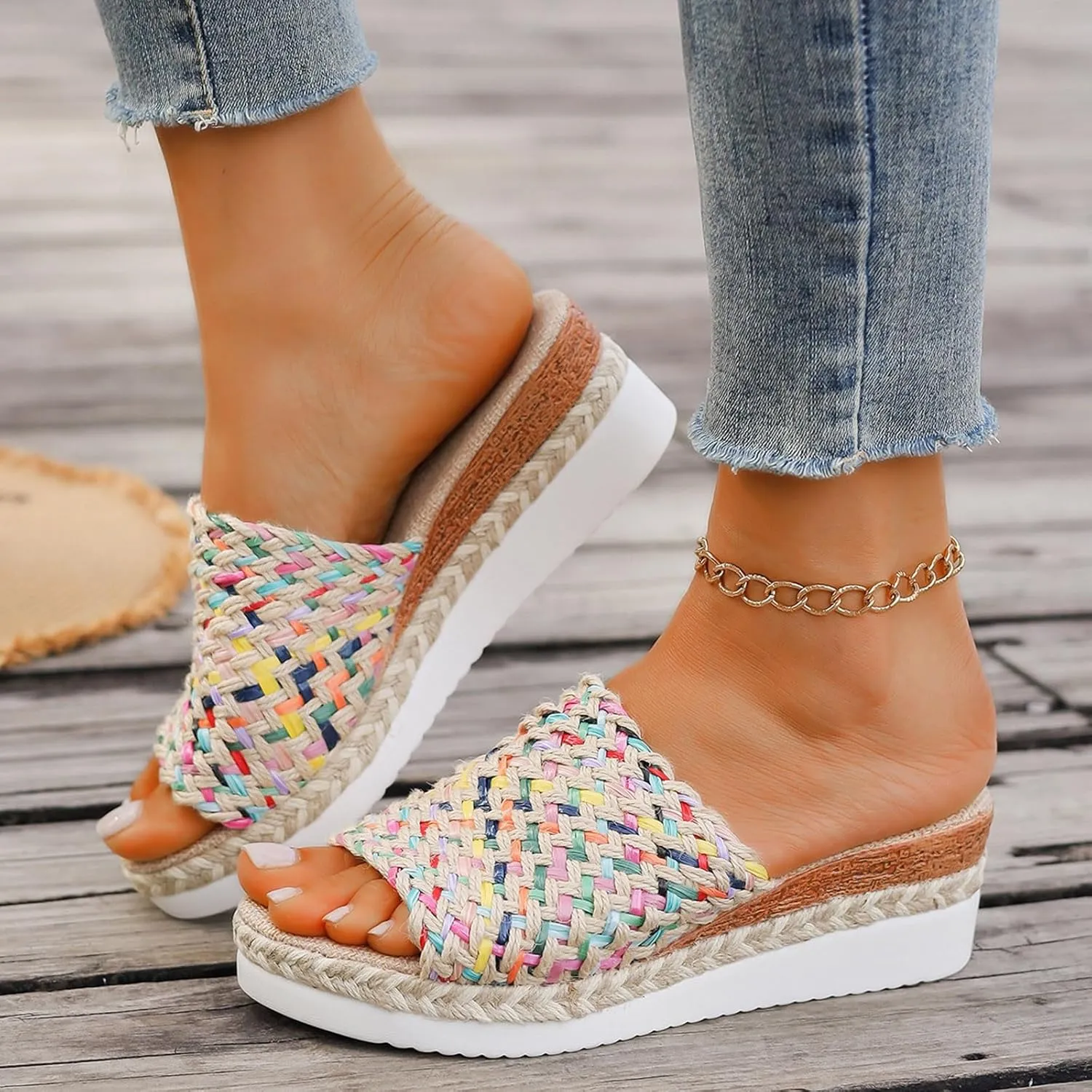 Platform Sandals Women Espadrille Slip on Wedge Sandals Color Block Open Toe Comfortable Stylish Casual Summer Shoes