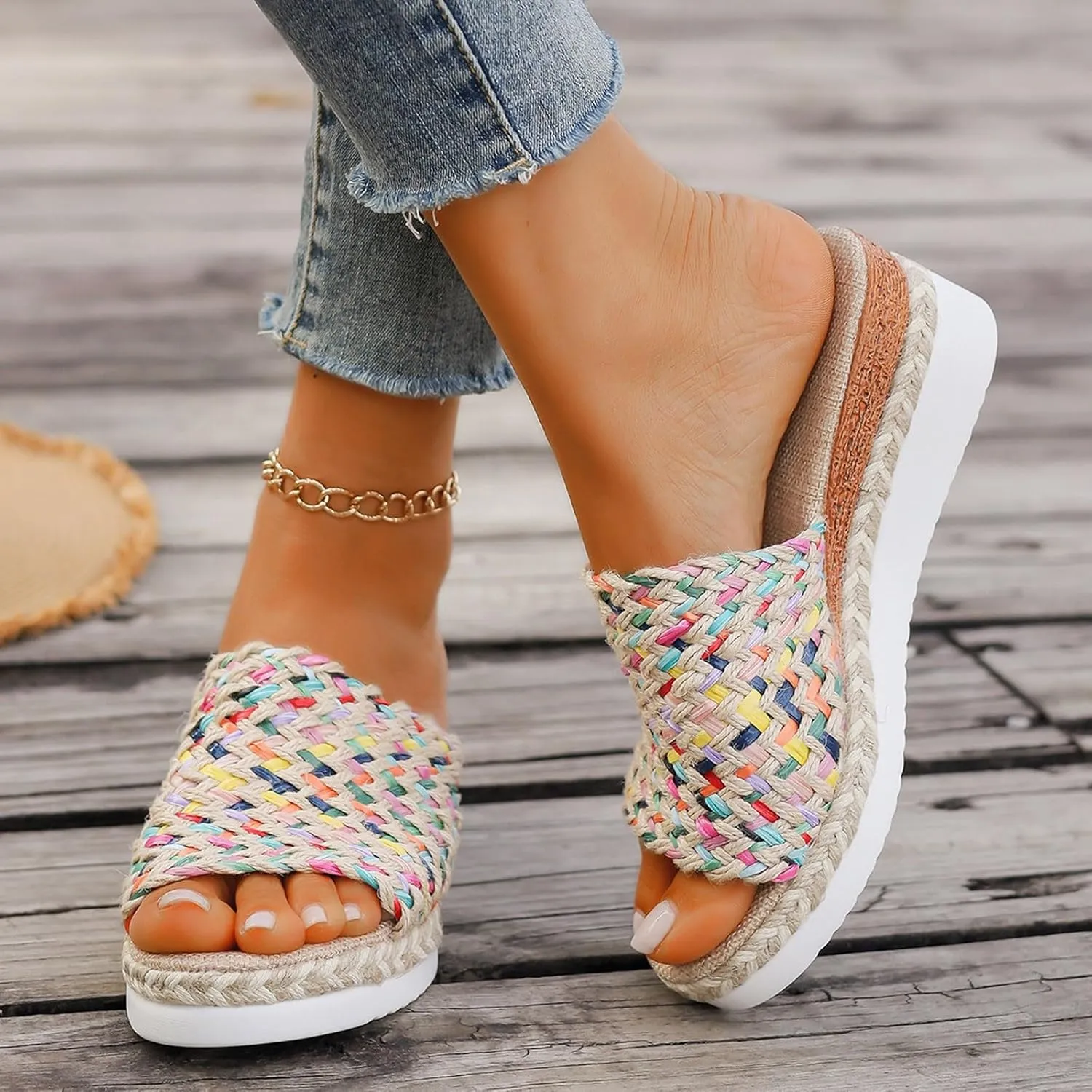 Platform Sandals Women Espadrille Slip on Wedge Sandals Color Block Open Toe Comfortable Stylish Casual Summer Shoes