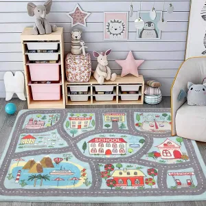 Playroom Rug Play Carpet 4’ x 6’, Blue Large Educational Children’s Play Mat, Learning & Have Fun Safely Non-Slip Washable Road Traffic Floor Area Carpet, Great for Kids Room Bedroom