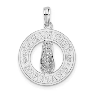 Polished Ocean City MD Circle with Flip-flop Charm Pendant in Real 925 Sterling Silver
