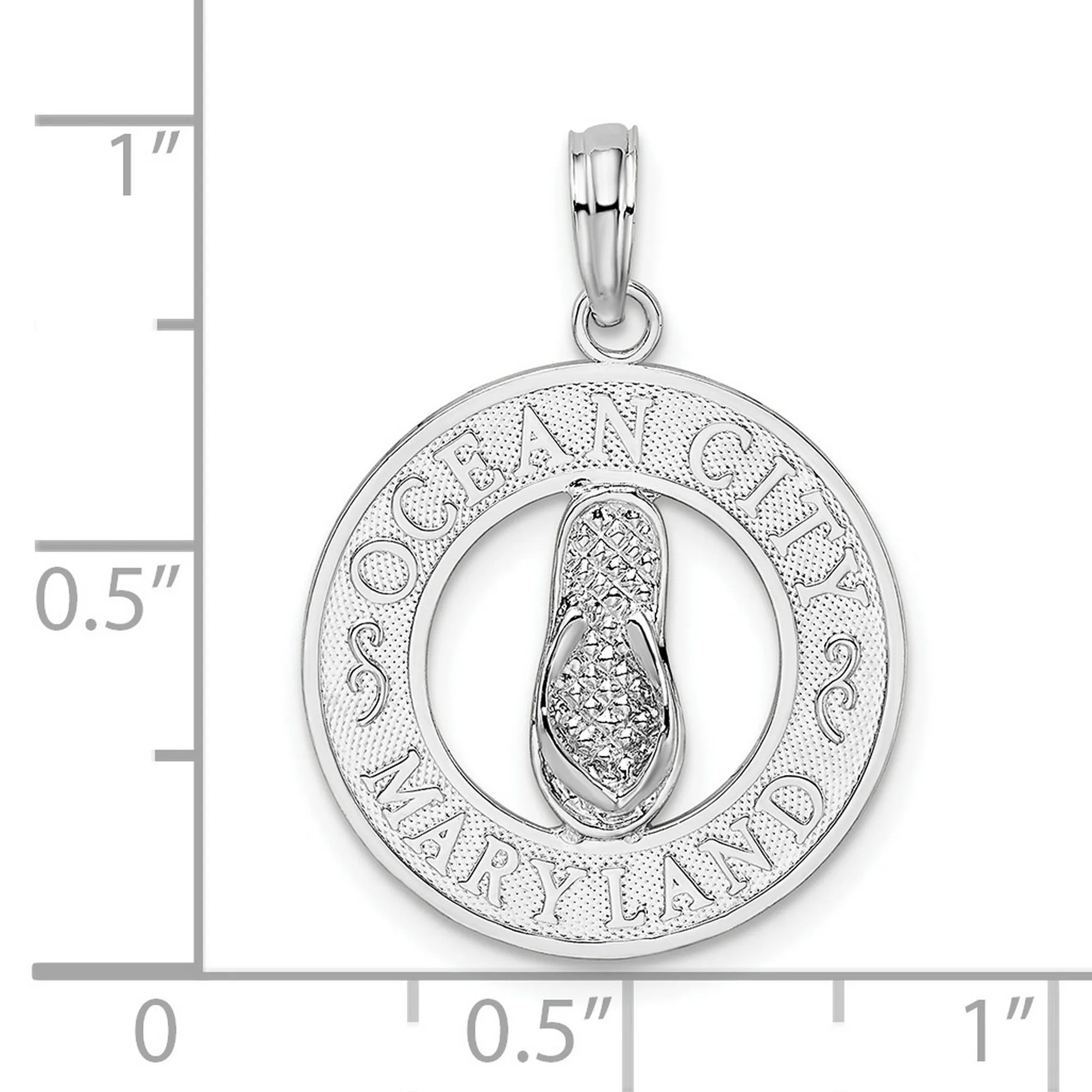 Polished Ocean City MD Circle with Flip-flop Charm Pendant in Real 925 Sterling Silver