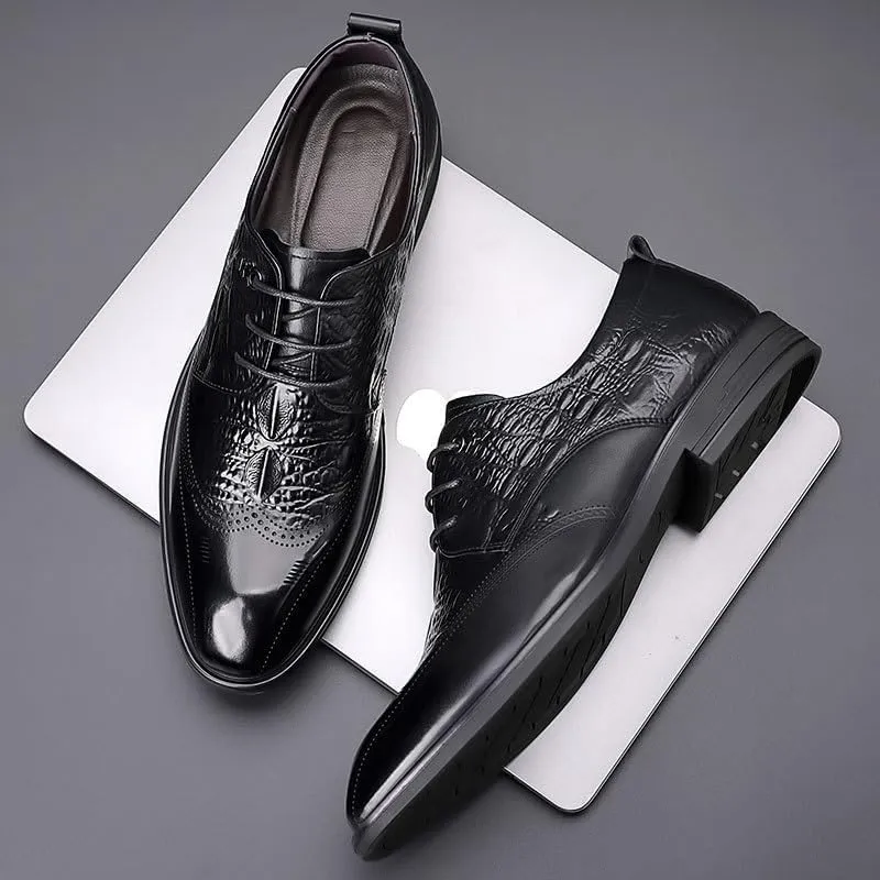 Premium Crocodile Print Derby Shoes for Men - Business Formal Office Wedding Attire Cap Toe Wingtip Design Anti-Slip Rubber Sole Dress Footwear
