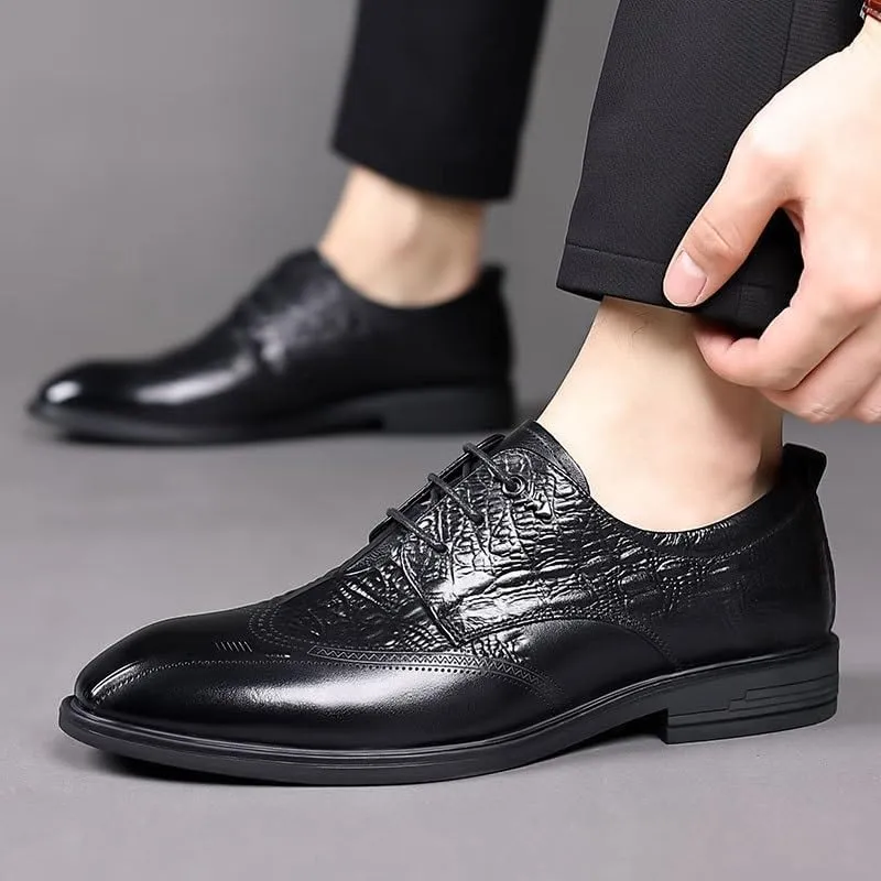 Premium Crocodile Print Derby Shoes for Men - Business Formal Office Wedding Attire Cap Toe Wingtip Design Anti-Slip Rubber Sole Dress Footwear